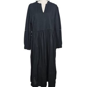 J.Crew Factory Long Sleeve Eyelet Dress Sz Large Black Boho Cottagecore Smocked